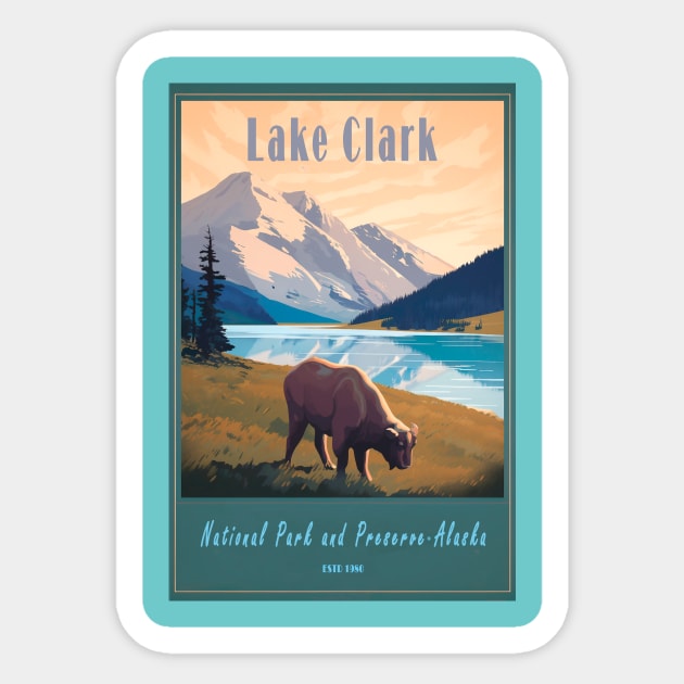 Lake Clark National Park Vintage Travel Poster Sticker by GreenMary Design